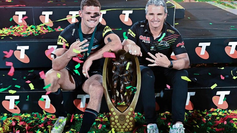 Nathan Cleary (L) and Ivan Cleary (R) are a package deal. (Photo by Izhar KHAN / AFP)