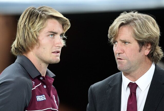 A young Kieran Foran alongside Des Hasler at the Manly Sea Eagles in 2011.