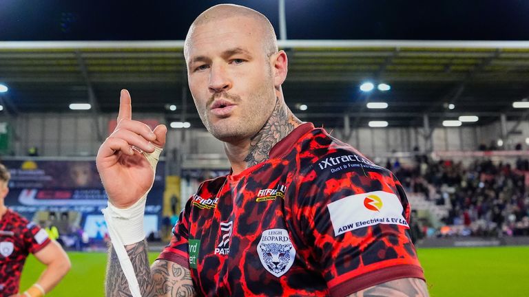 Picture by Olly Hassell/SWpix.com - 26/04/2024 - Rugby League - Betfred Super League Round 9 - Leigh Leopards v Catalans Dragons - Leigh Sports Village, Leigh , England - Zak Hardaker of Leigh celebrates his sides victory over Catalans Dragons