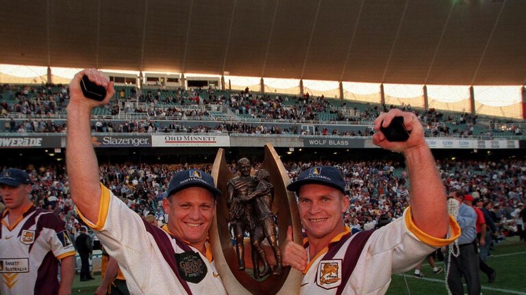 Kevin Walters (L) and Allan Langer celebrate victory in the 1998 grand final. Picture: David Kapernick