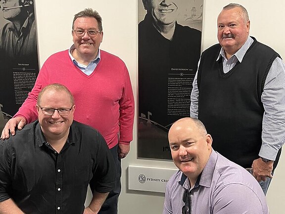 Legendary sports broadcaster David Morrow (rear left) pictured with Darryl Brohman, Mark Riddell and Mark Levy. Picture: Mark Levy/X