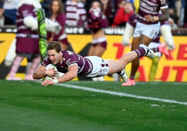 Jamie Humphreys dives over for the opening try in his NRL debut