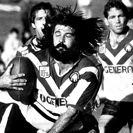 Geoff Robinson (ball) during Canterbury v Penrith RL game, 11/06/1982.