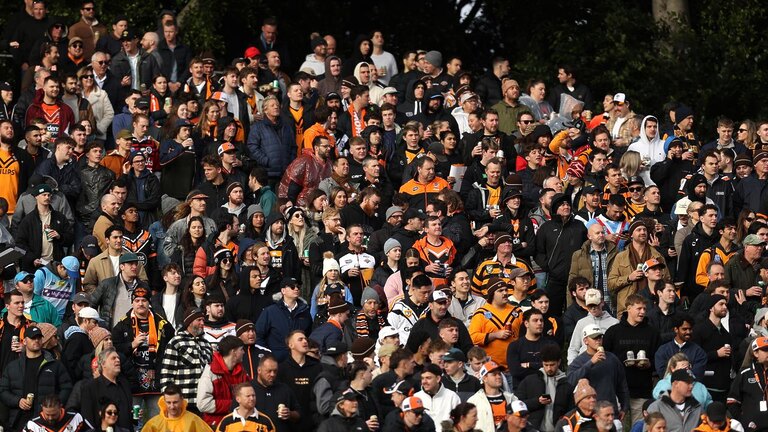 The hill was packed for the Tigers’ win over the Titans last month. Picture: Jason McCawley/Getty Images