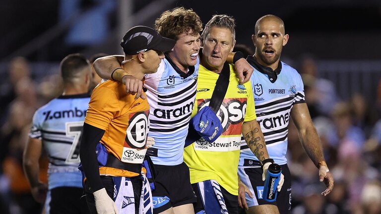 Cronulla’s win over the Tigers was soured by a potentially serious knee injury to Jesse Colquhoun. Picture: Brendon Thorne/Getty Images