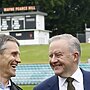 Wayne Pearce and Prime Minister Anthony Albanese celebrated the funding announcement for Leichhardt Oval earlier this year. Picture: NewsWire / John Appleyard