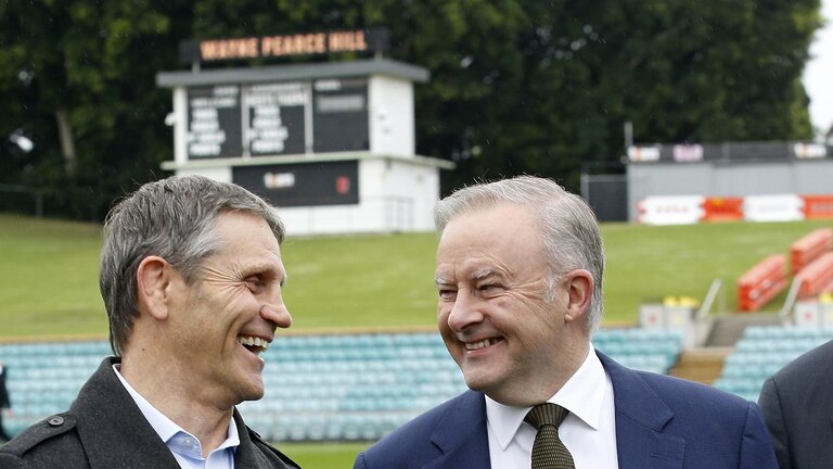 Wayne Pearce and Prime Minister Anthony Albanese celebrated the funding announcement for Leichhardt Oval earlier this year. Picture: NewsWire / John Appleyard