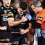 PENRITH, AUSTRALIA - AUGUST 15: Nathan Cleary of the Panthers holds his shoulder during the round 24 NRL match between Penrith Panthers and Melbourne Storm at BlueBet Stadium, on August 15, 2024, in Penrith, Australia. (Photo by Brendon Thorne/Getty Images)