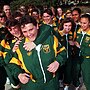 Katrina Fanning with Jillaroos captain Julie McGuffie during the 1996 tour to New Zealand.