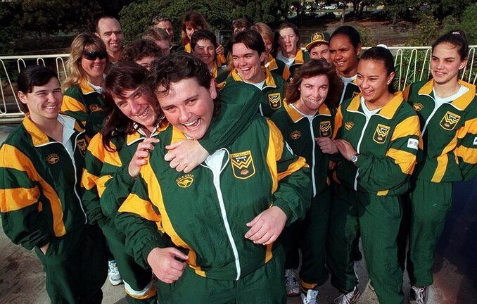 Katrina Fanning with Jillaroos captain Julie McGuffie during the 1996 tour to New Zealand.