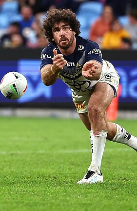 SYDNEY, AUSTRALIA – JUNE 02: Jake Granville of the Cowboys passes the ball during the round 13 NRL match between Sydney Roosters and North Queensland Cowboys at Allianz Stadium, on June 02, 2024, in Sydney, Australia. (Photo by Jeremy Ng/Getty Images)