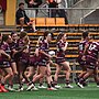 Manly celebrate the try of winger Georgia Sim