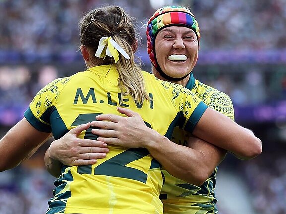 Sharni Smale (R) will play for Cronulla in the NRLW after representing Australia in Sevens at the Olympics. Picture: Cameron Spencer/Getty Images