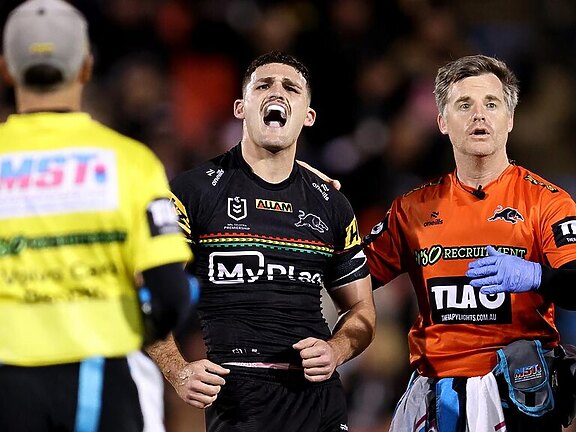 Nathan Cleary suffers a shoulder injury. .Picture: Brendon Thorne/Getty Images