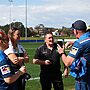 Team and match officials talk during a delay to the start of the round five NRLW match between Parramatta Eels and Newcastle Knights at Eric Tweedale Stadium. Picture: Getty Images