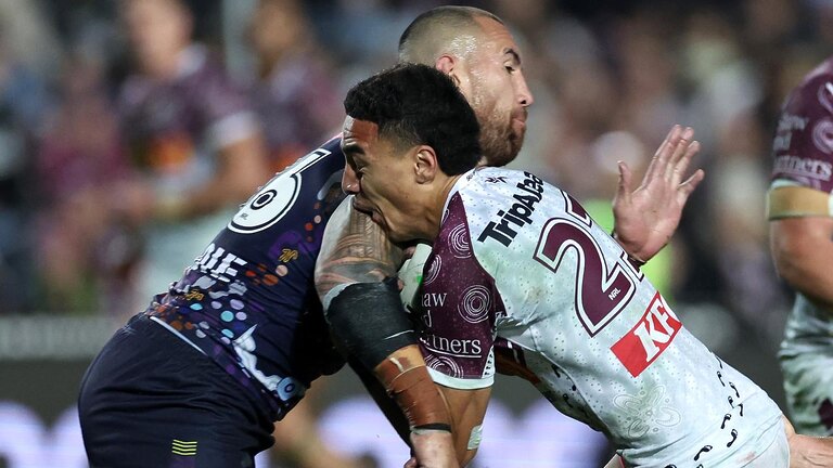 Lehi Hopoate got whacked by Nelson Asofa-Solomona in his debut. Picture: Cameron Spencer/Getty Images