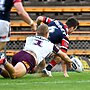 Try stopper....Tom  Trbojevic knocks the ball out of Luke Keary's hand in Manly's last win at Leichhardt Oval in 2020