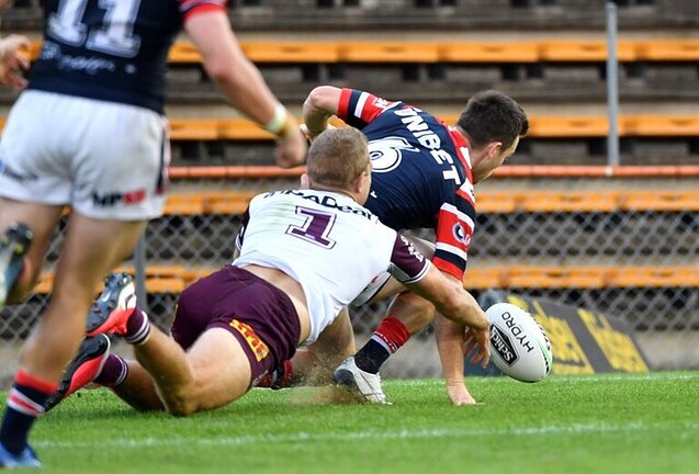 Try stopper....Tom  Trbojevic knocks the ball out of Luke Keary's hand in Manly's last win at Leichhardt Oval in 2020