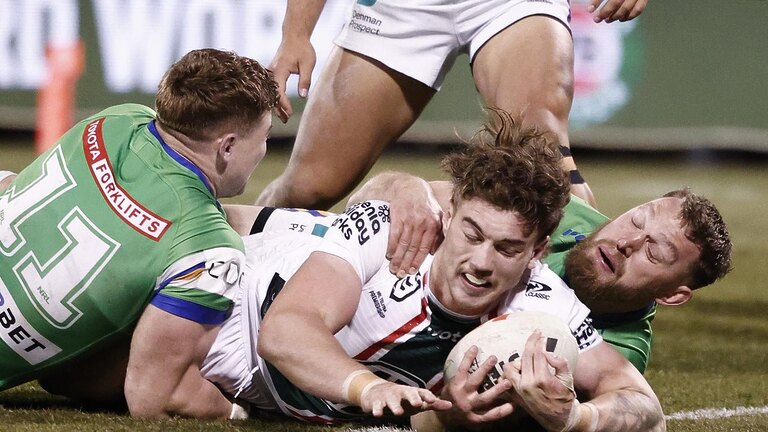 Tallis Duncan starts every match wearing headgear, but the South Sydney young gun never finishes a game with it on. Picture: Daniel Pockett/Getty Images