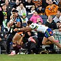 Luke Laulilii scores on debut against the Raiders at Campbelltown