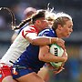 Abbi Church of the Eels is tackled during the round six NRLW match between Parramatta Eels and St George Illawarra Dragons. Picture: Getty Images