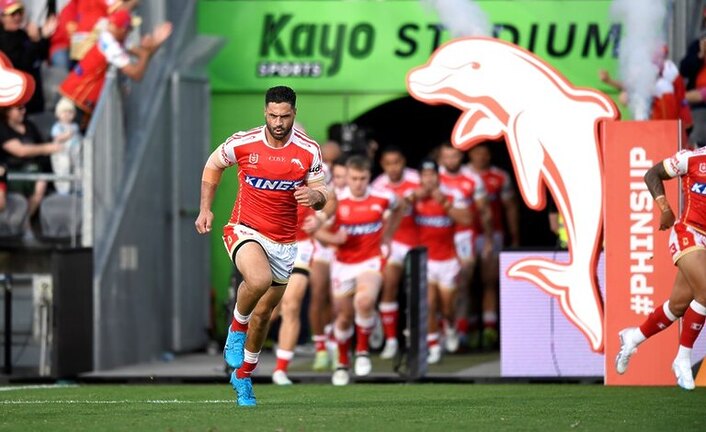 Jesse Bromwich leads out the Dolphins at Kayo Stadium.