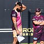 Payne Haas and Kevin Walters during training for the Brisbane Broncos. Picture: Tertius Pickard