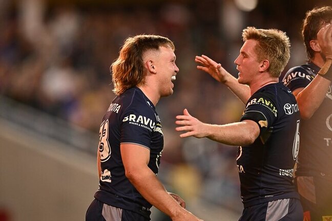 Reuben Cotter celebrates with Tom Dearden.