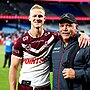 Manly captain Daly Cherry-Evans with Sea Eagles great Cliff Lyons after the team's finals elimination by Sydney Roosters.