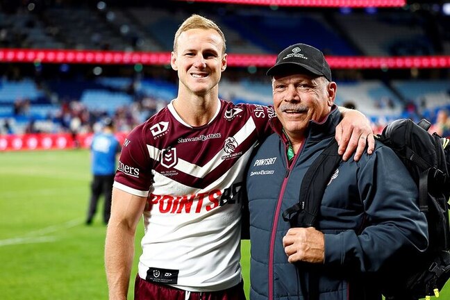 Manly captain Daly Cherry-Evans with Sea Eagles great Cliff Lyons after the team's finals elimination by Sydney Roosters.