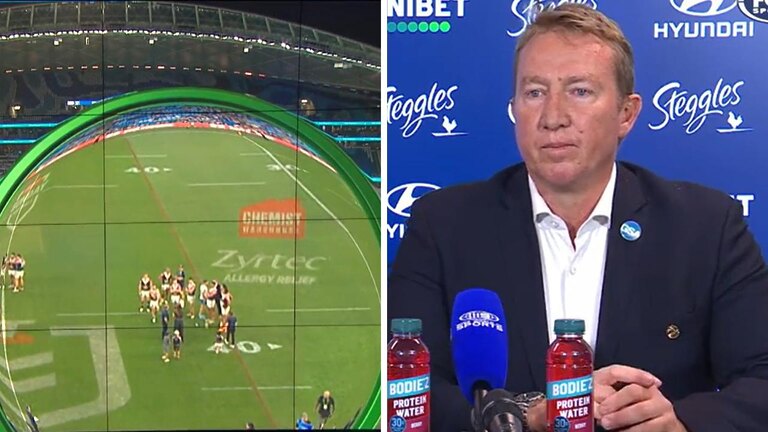 Trent Robinson had words with Elliot Whitehead. Photo: Fox Sports.