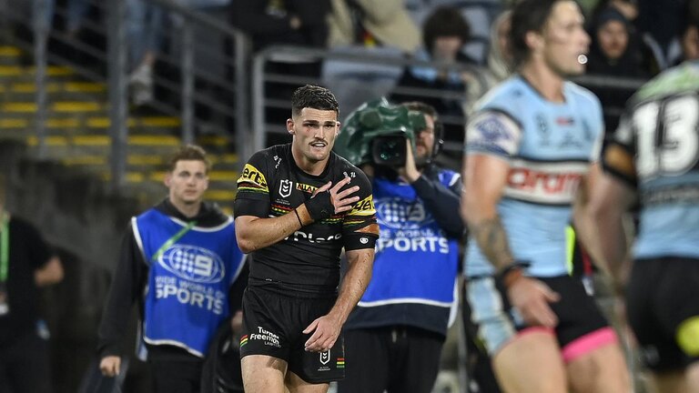 Nathan Cleary was in pain after making a tackle on Saturday night, but he’s been cleared to play in the grand final. Picture: NRL Images.