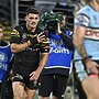 Penrith Panthers halfback Nathan Cleary clutches at his shoulder against Cronulla. Picture: NRL Images