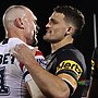 Nathan Cleary’s shoulder passed a major test after having to tackle Angus Crichton on Friday night. Picture: Cameron Spencer/Getty Images