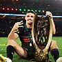 Nathan Cleary was happy to catch up with Nicho Hynes for a chat after his 17 minutes of perfection in the grand final. Picture: Matt King/Getty Images