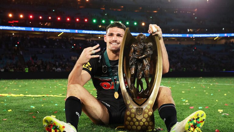 Nathan Cleary was happy to catch up with Nicho Hynes for a chat after his 17 minutes of perfection in the grand final. Picture: Matt King/Getty Images