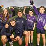 Storm stars Ryan Papenhuyzen and Jahrome Hughes meet fans Olivia, 12, Isabella, 11, and Aidan, 9, at open training ahead of the club’s qualifying final in Melbourne. Picture: Mark Stewart