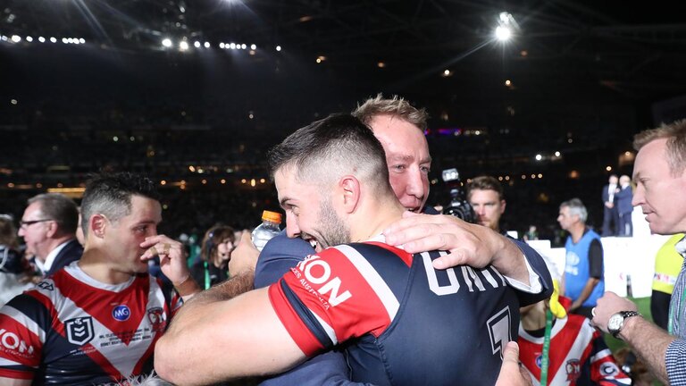 Trent Robinson and James Tedesco celebrate the 2019 premiership. Picture: Brett Costello