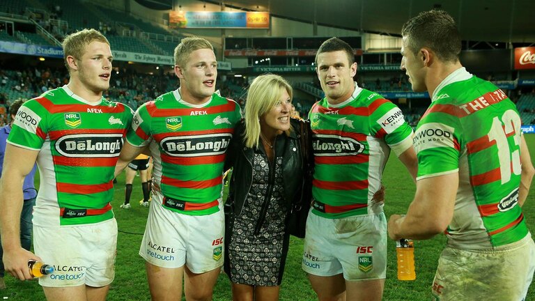 Tom, George, mum Julie, Luke and Sam Burgess after the four all played together against the Wests Tigers.