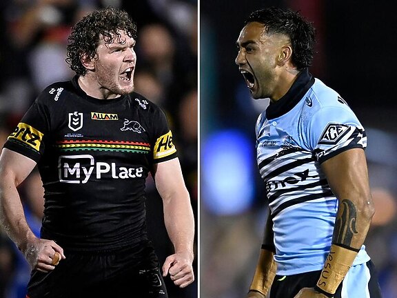 (L-R) Liam Martin of Penrith and Briton Nikora of the Sharks.