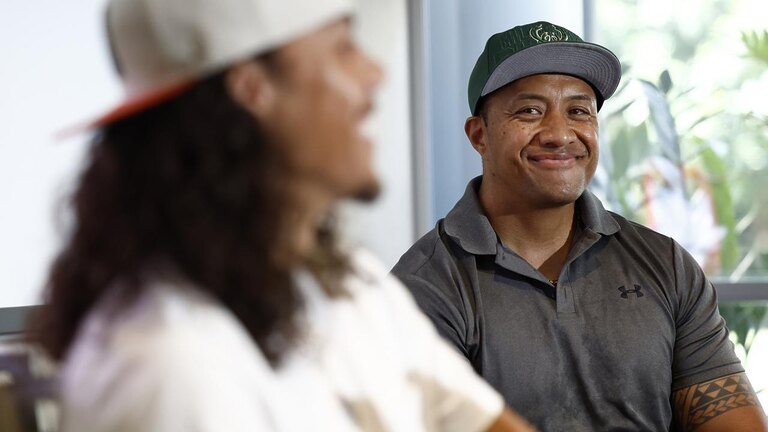 Jarome Luai with his father, Martin, earlier this year when he announced he was off to the Wests Tigers. Picture: Richard Dobson