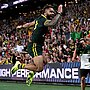 Hamiso Tabuai-Fidow celebrates his second-half try. (Photo by Bradley Kanaris/Getty Images)