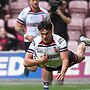 England's Herbie Farnworth goes over for a try. Picture: Martin Rickett/Getty