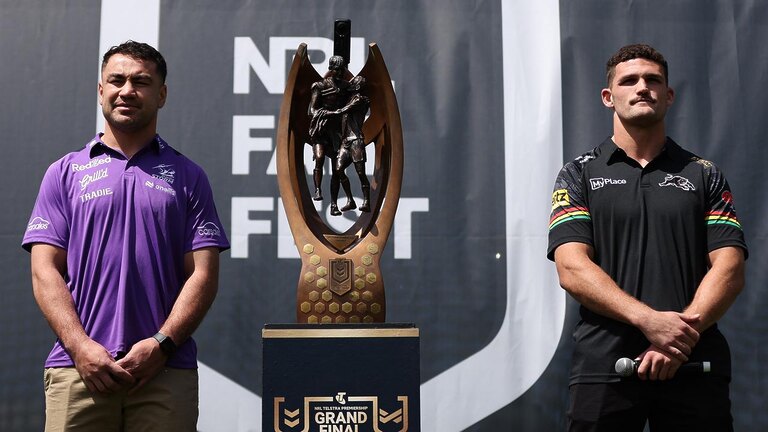 Jahrome Hughes and Nathan Cleary will go head-to-head in a clash that could decide the grand final. Picture: Brendon Thorne/Getty Images