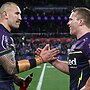 Nelson Asofa-Solomona and Josh King celebrate winning the preliminary final. Picture: Cameron Spencer/Getty Images