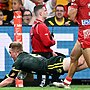 Tom Dearden crossed for a late try in the win over Tonga, with Kangaroos coach Mal Meninga set to go with the same spine for Sunday’s clash in New Zealand. Picture: Bradley Kanaris/Getty Images