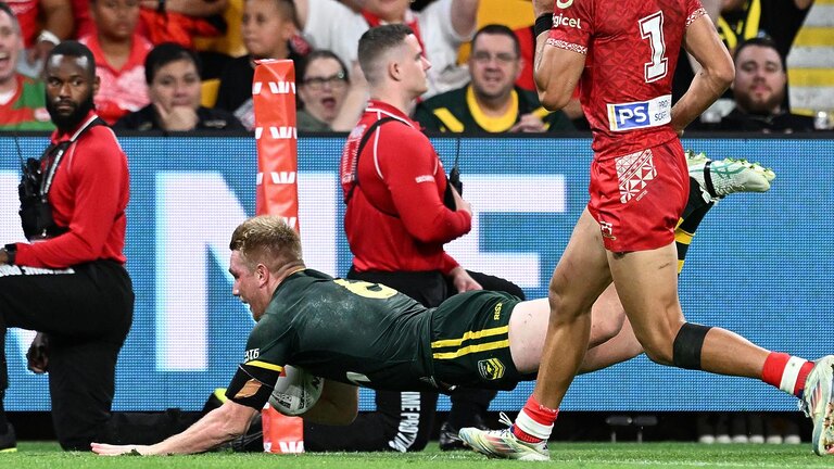 Tom Dearden crossed for a late try in the win over Tonga, with Kangaroos coach Mal Meninga set to go with the same spine for Sunday’s clash in New Zealand. Picture: Bradley Kanaris/Getty Images