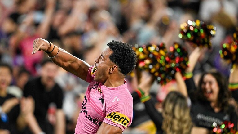 Paul Alamoti scored a crucial try in Penrith’s grand final win over the Storm. Picture: Izhar Khan / AFP