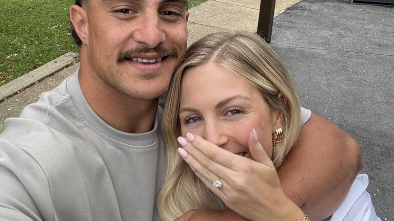 Brisbane Broncos star Kotoni Staggs and his fiancee Brittany Becht show off the ring after their engagement. Picture: Supplied/Kotoni Staggs