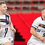 Picture by Alex Whitehead/SWpix.com - 29/06/2024 - Rugby League - International Test - France vs England - Stade Ernest-Wallon, Toulouse, France - Mikey Lewis and George Williams of England make a break.